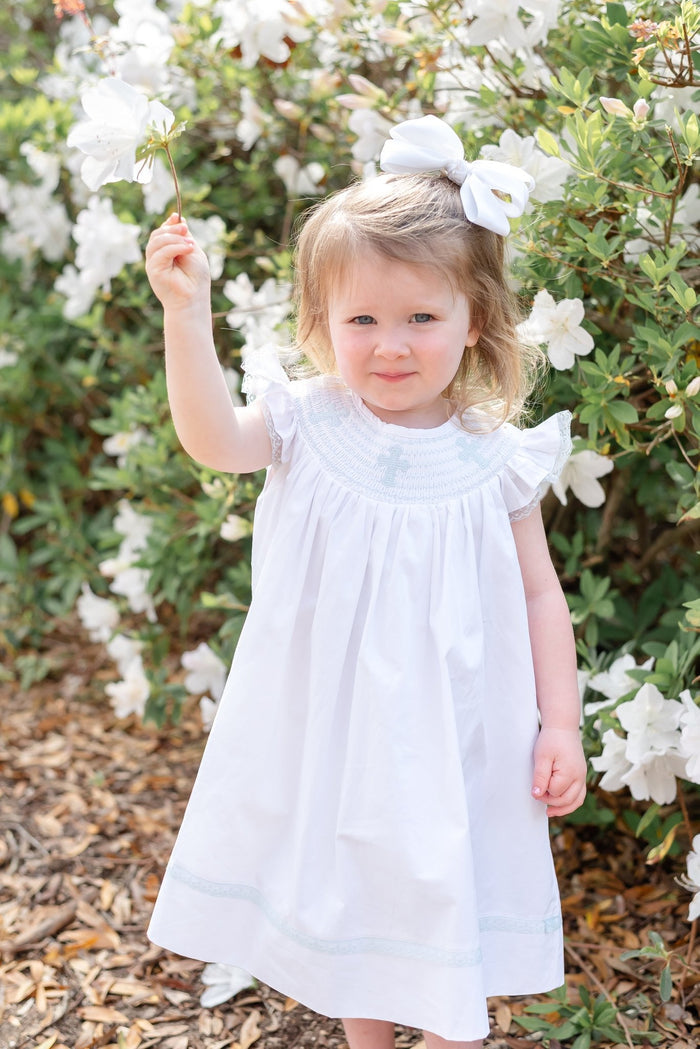 White and Blue Holy Smocked Bishop Dress - Lil Cactus