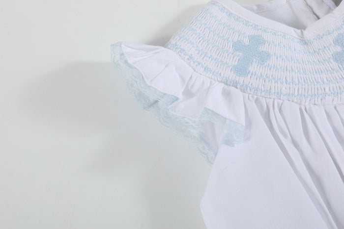 White and Blue Holy Smocked Bishop Dress - Lil Cactus