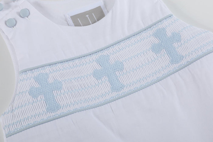 White and Blue Holy Smocked Overalls - Lil Cactus