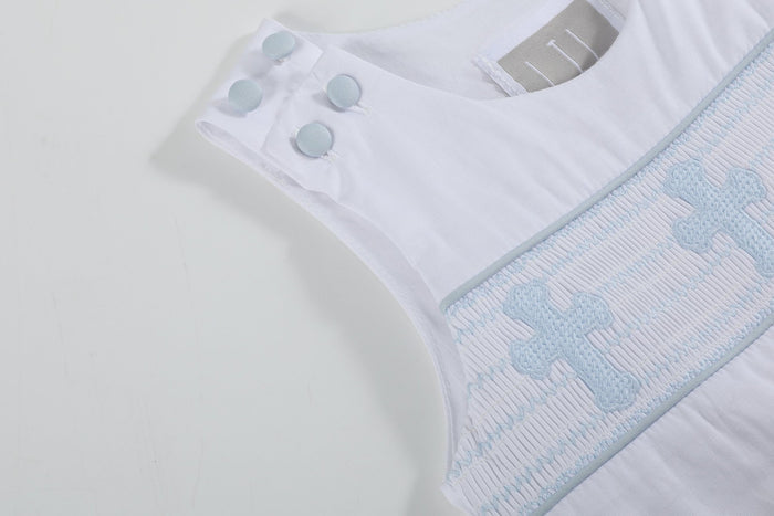 White and Blue Holy Smocked Overalls - Lil Cactus