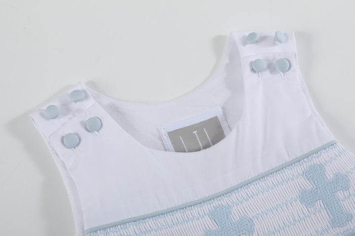 White and Blue Holy Smocked Overalls - Lil Cactus
