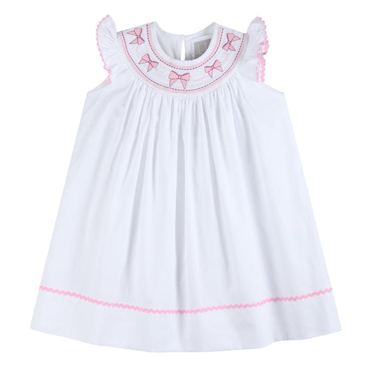 White and Pink Bows Smocked Bishop Dress - Lil Cactus