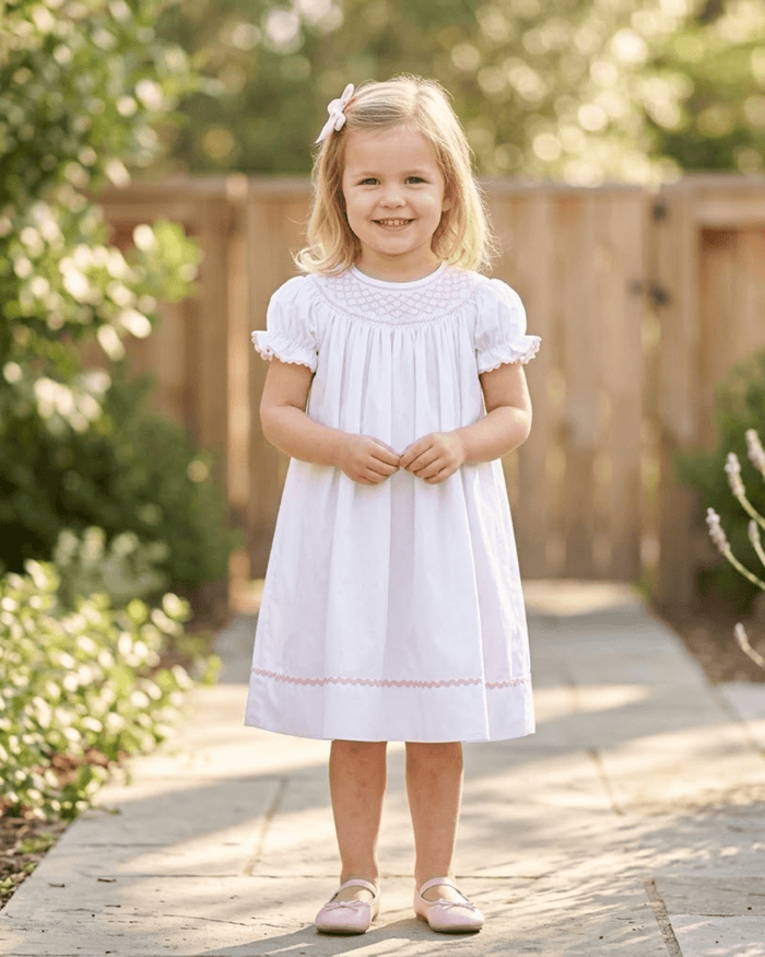 White and Pink Smocked Bishop Dress - Lil Cactus