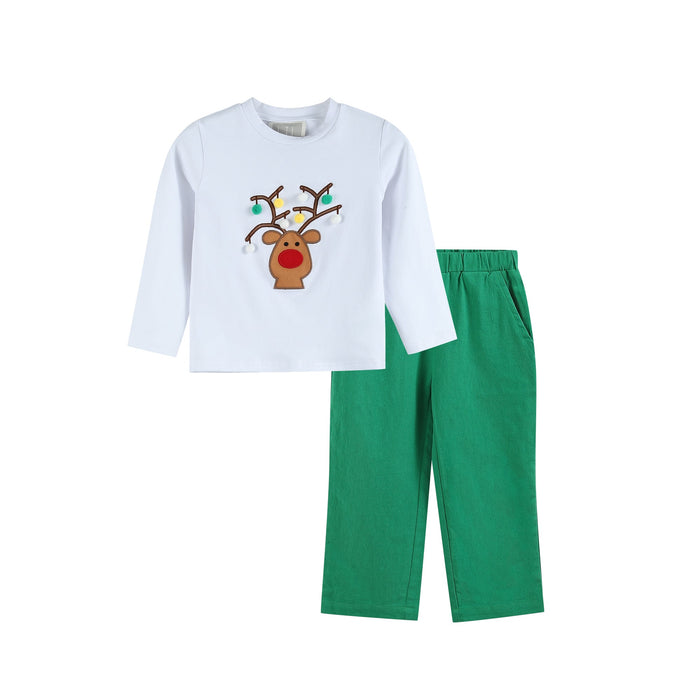 White Pompom Reindeer and Green Pants Set - Lil Cactus