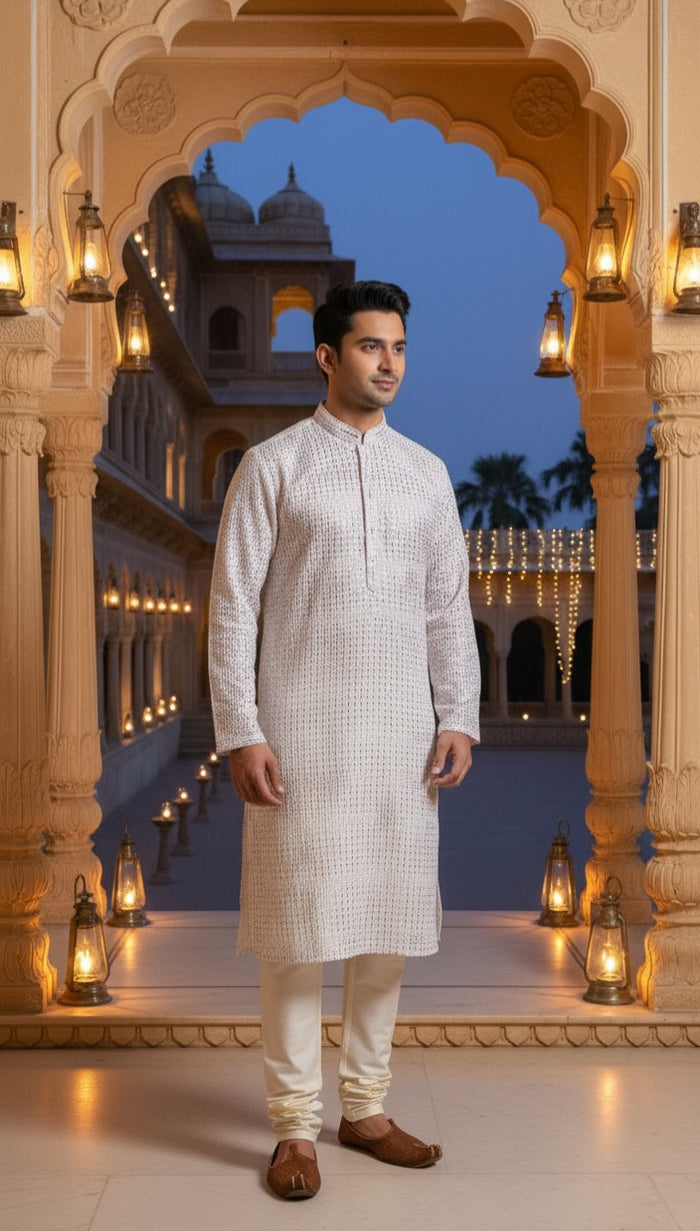 White Textured Kurta Churidar Set