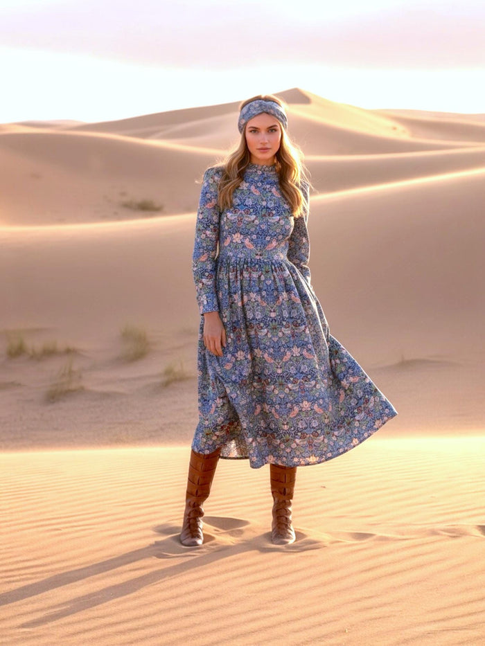 Willam Morris Ruffle Collar Midi Shirt Dress: Long Sleeve, Botanical Print, Liberty London Dress