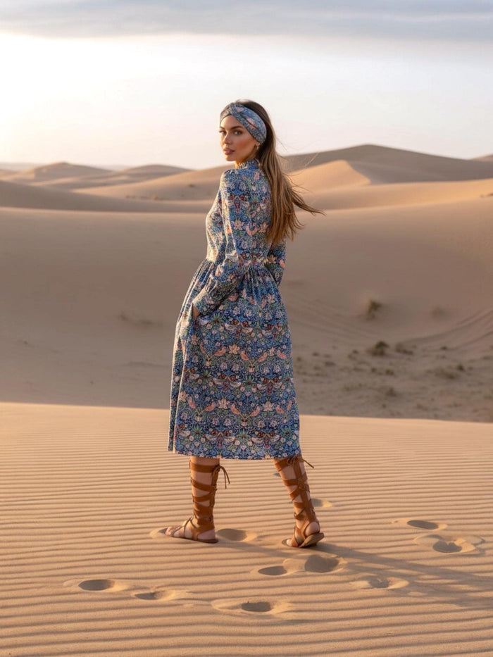 Willam Morris Ruffle Collar Midi Shirt Dress: Long Sleeve, Botanical Print, Liberty London Dress