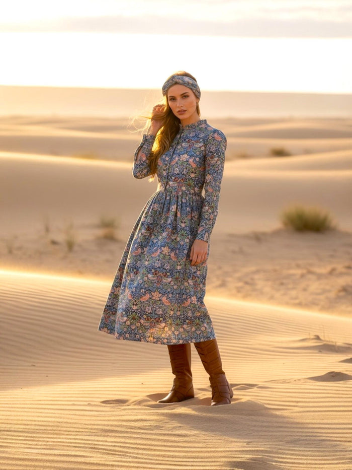 Willam Morris Ruffle Collar Midi Shirt Dress: Long Sleeve, Botanical Print, Liberty London Dress
