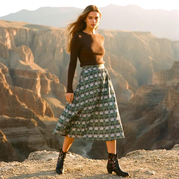 William Morris Midi Floral Skirt: Flare Elastic Waist Skirt, Liberty London Fabric