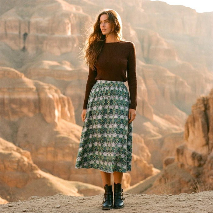 William Morris Midi Floral Skirt: Flare Elastic Waist Skirt, Liberty London Fabric