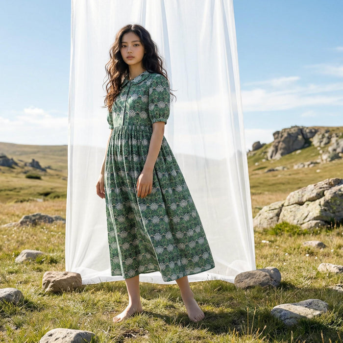 William Morris Peter-Pan Collared Short-sleeved Dress, Handmade Sustainable Womenswear, Personalised Versatile Cotton Botanical Clothing