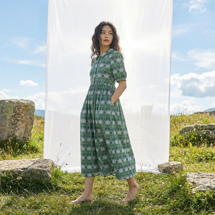 William Morris Peter-Pan Collared Short-sleeved Dress, Handmade Sustainable Womenswear, Personalised Versatile Cotton Botanical Clothing