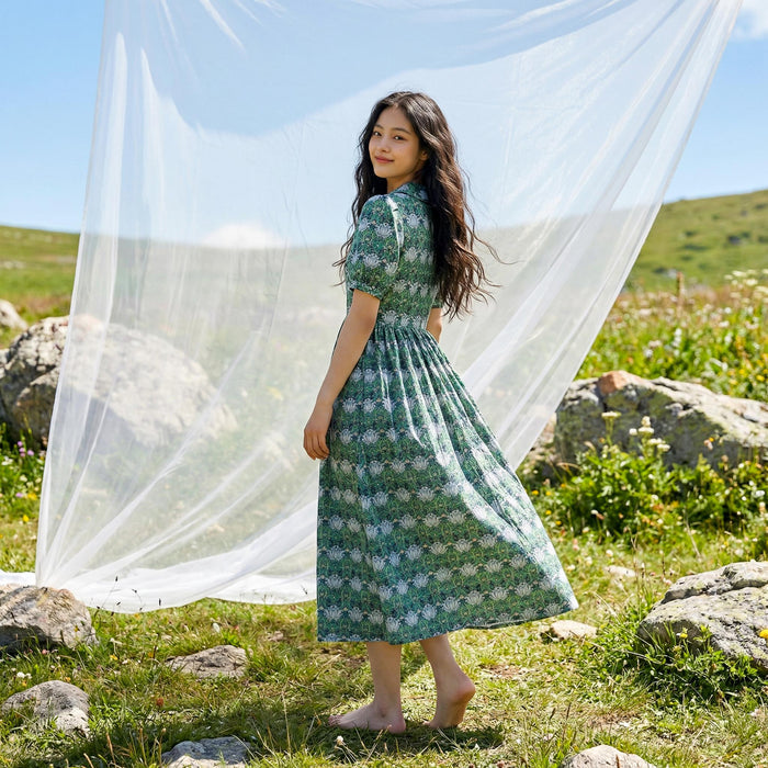 William Morris Peter-Pan Collared Short-sleeved Dress, Handmade Sustainable Womenswear, Personalised Versatile Cotton Botanical Clothing