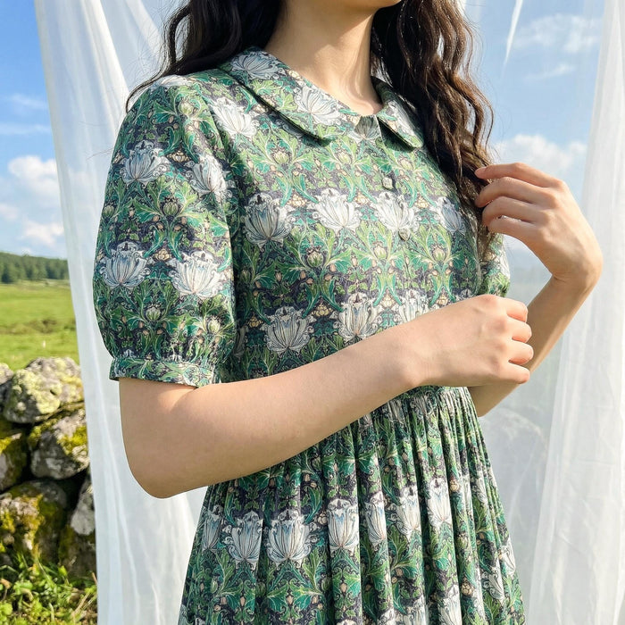 William Morris Peter-Pan Collared Short-sleeved Dress, Handmade Sustainable Womenswear, Personalised Versatile Cotton Botanical Clothing