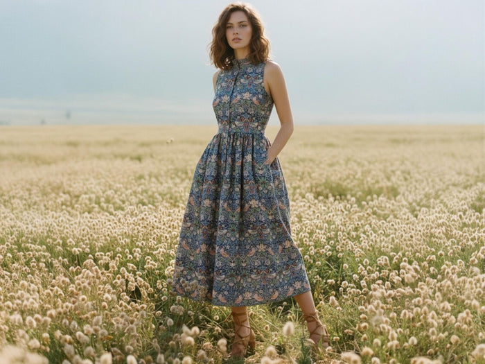William Morris Print Cotton Dress, Ruffle Collar Sleeveless Midi Dress, Size US 4