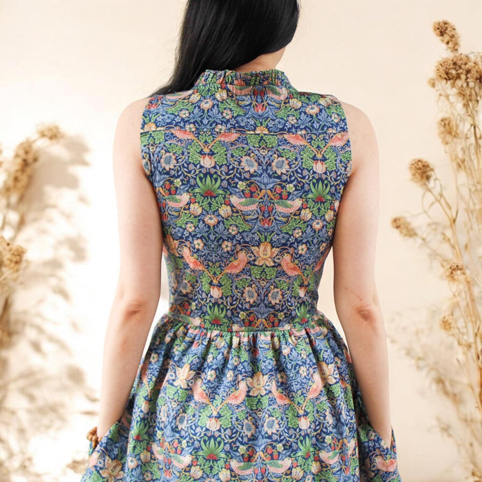 William Morris Print Cotton Dress, Ruffle Collar Sleeveless Midi Dress, Size US 4