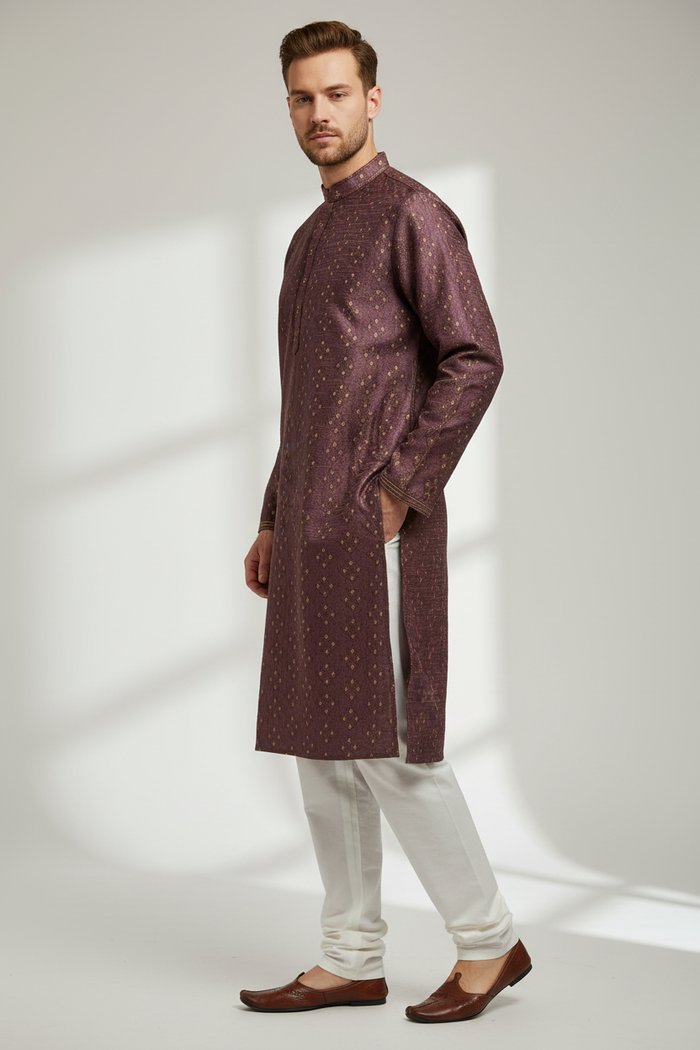 Wine Brocade Kurta Set