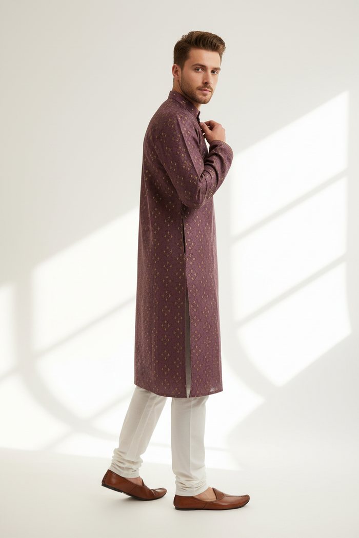 Wine Brocade Kurta Set