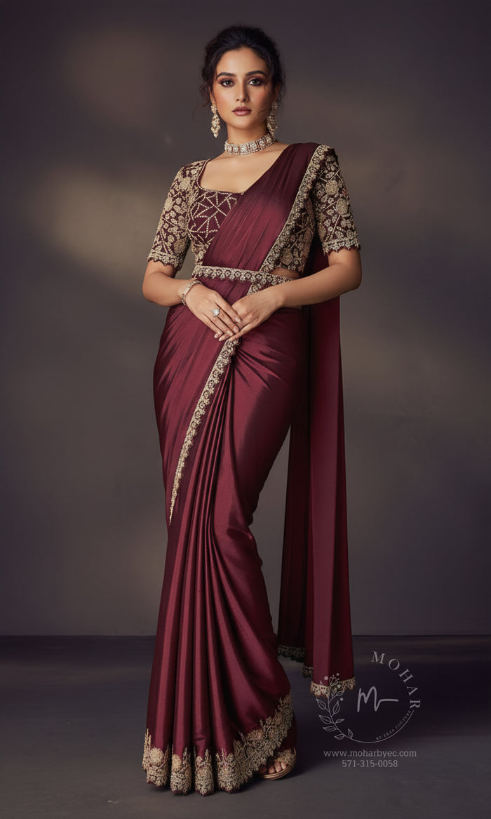 Wine Burgundy Embroidered Satin Pre-Stitched Saree