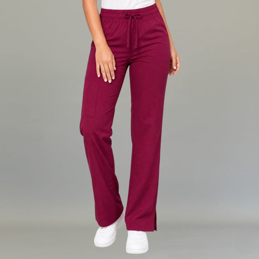 Women's 502 Fuchsia wide-leg scrub pants, front view with drawstring waist and cargo pocket