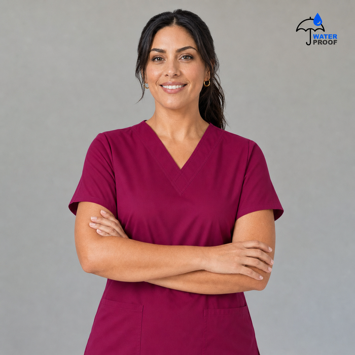 Women's FW 502 Fuchsia scrub top, front view with arms crossed
