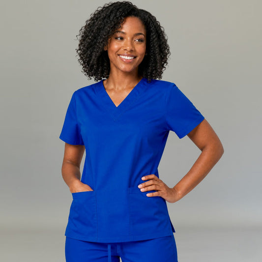 Women's FW 502 Electric Blue scrub top with crossover V-neck, short sleeves and two front pockets
