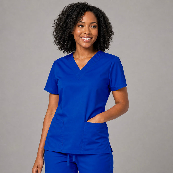 Women's FW 502 Electric Blue scrub top, front half-body view