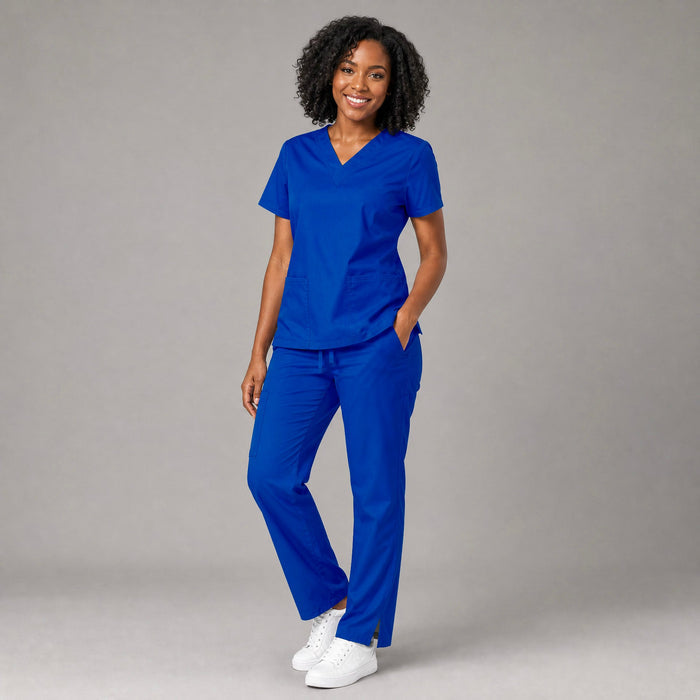 Women's FW 502 Electric Blue scrub top, full-body front view