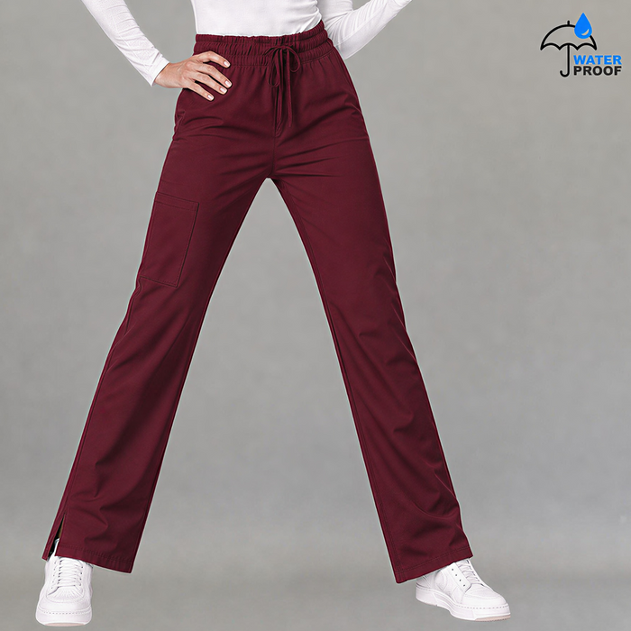 Women's 502 Maroon scrub pants, front view in an open stance with drawstring waist and cargo pocket