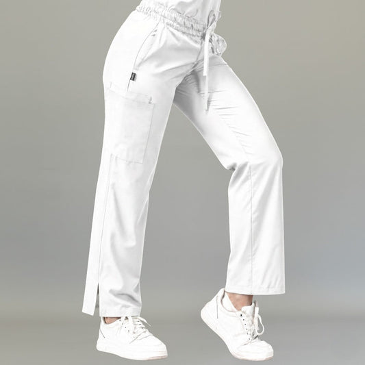 Side view of women's white 502 relaxed scrub pants showing the drawstring waist, cargo pocket and side-slit hem