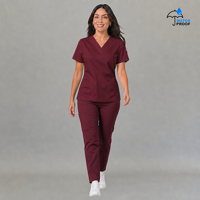 Women's maroon 502 scrub top front view with patch pockets — lightweight fluid-resistant nursing top S-FOR-ME