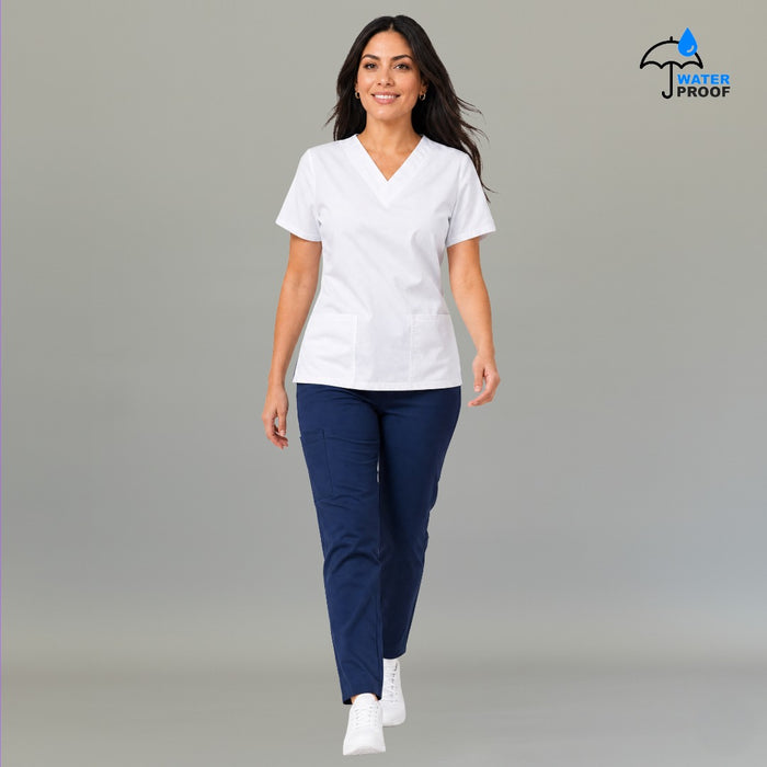 Women's 502 White scrub top, front view with two lower pockets — S-FOR-ME