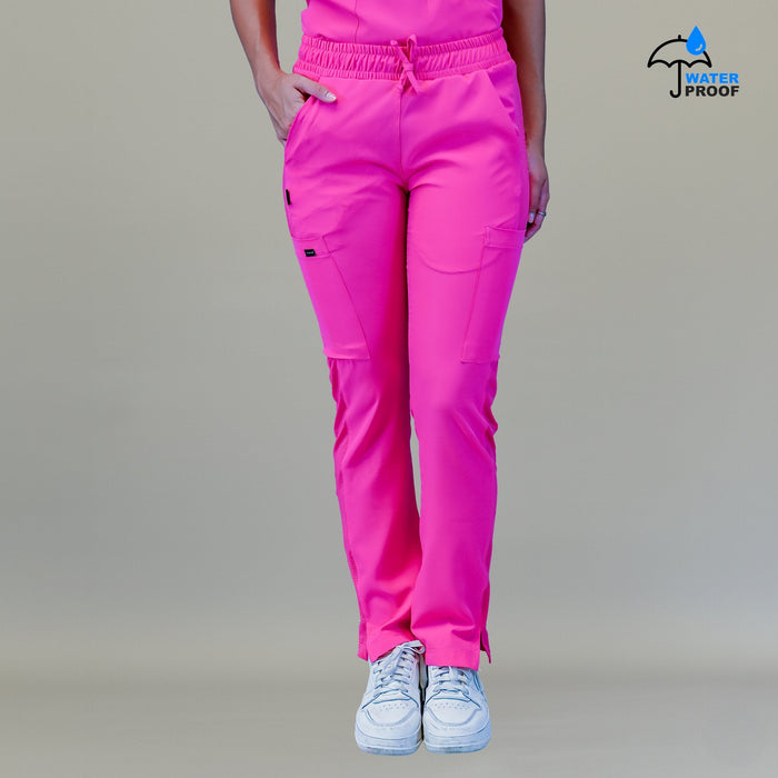 Women's Style 530 Fuchsia relaxed-fit scrub pants, front view with hand pockets, cargo pockets and side-slit hems