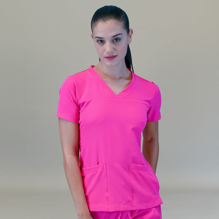 Women's Style 530 Fuchsia scrub top, front half-body view