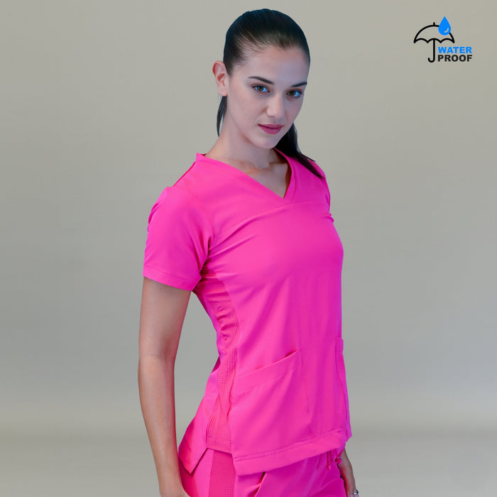Women's Style 530 Fuchsia scrub top, front three-quarter view