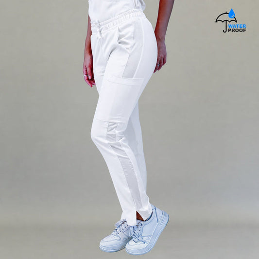 Women's Style 530 White relaxed-fit scrub pants, side three-quarter view with pocket and slit hem