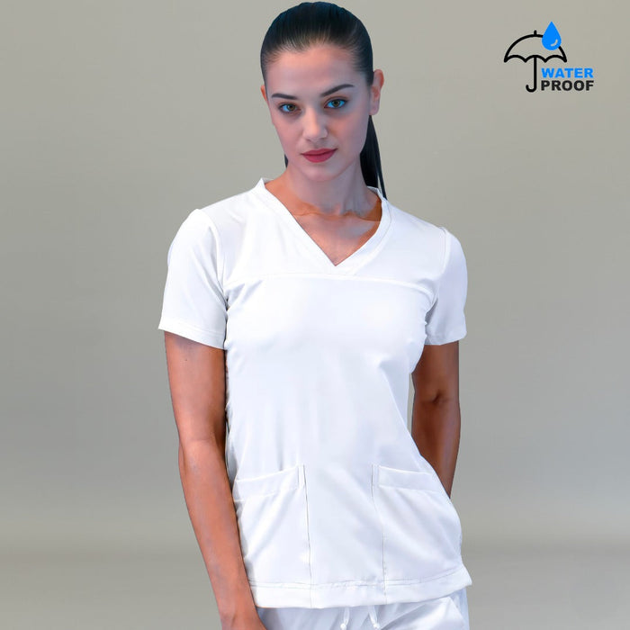 Women's Style 530 White scrub top, front view with V-neck and patch pockets