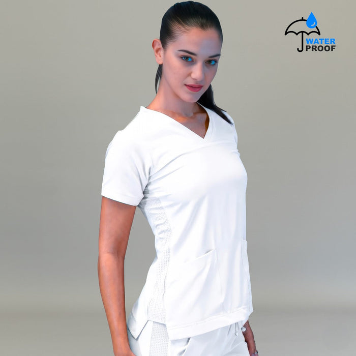 Women's Style 530 White scrub top, front three-quarter view with side vent visible