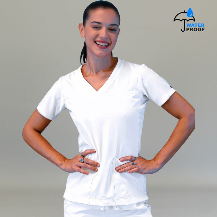 Women's Style 530 White scrub top, smiling front view with hands on the waist
