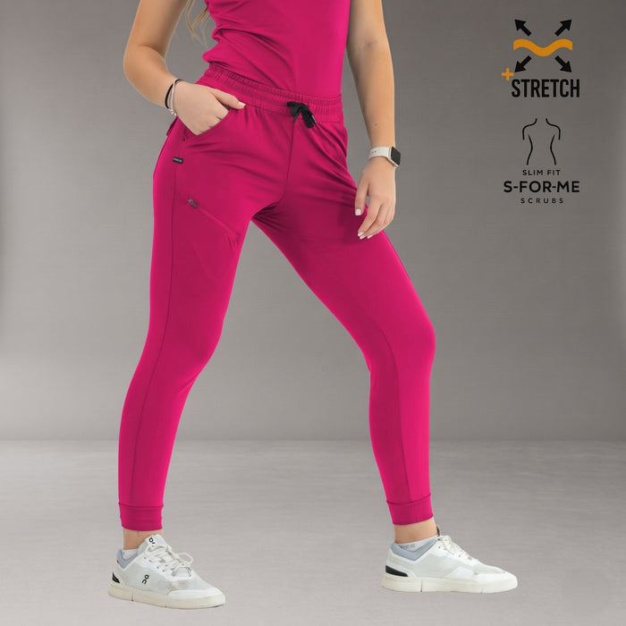 Women's Style 905 fuchsia jogger scrub pants, front view with drawstring waist and tapered leg