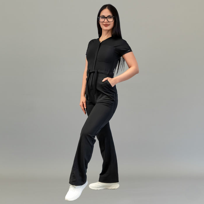 Angled front view of women’s Style 945 Black scrub jumpsuit