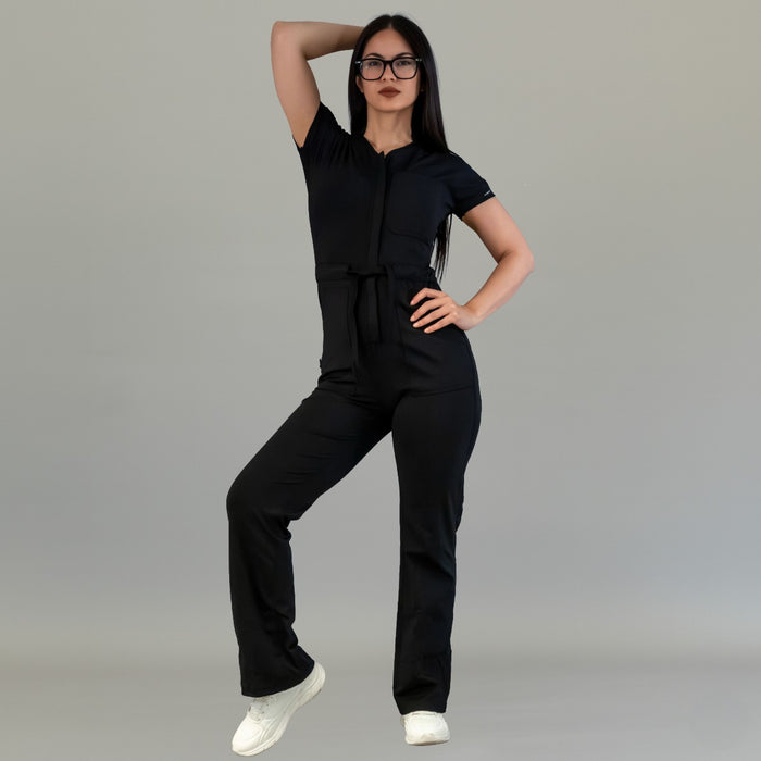 Full front pose in women’s Style 945 Black scrub jumpsuit