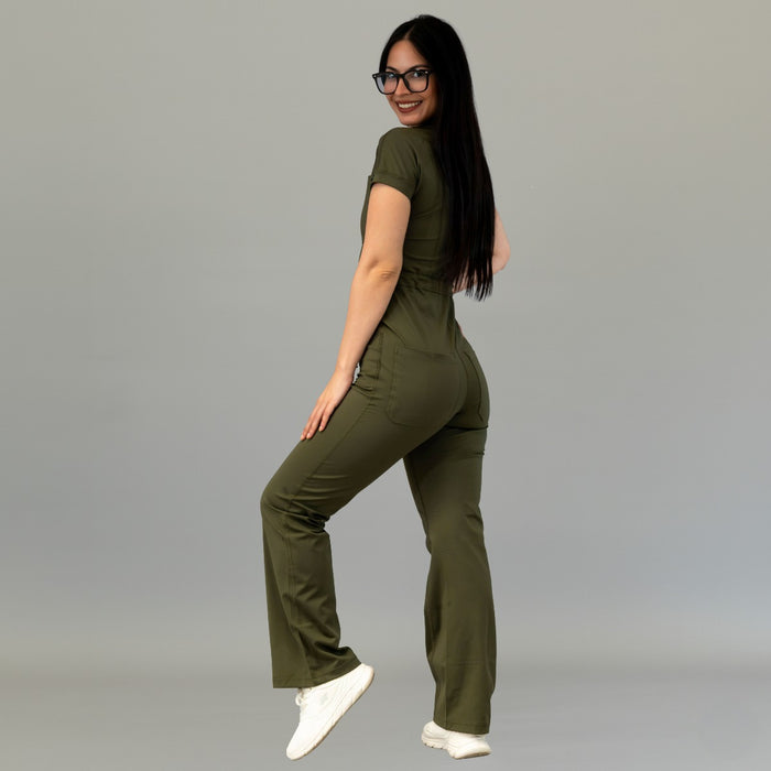 Three-quarter back view of women’s Style 945 Olive Green scrub jumpsuit