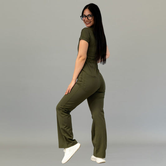 Three-quarter back view of women’s Style 945 Olive Green scrub jumpsuit