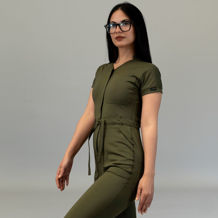 Three-quarter front view of Olive Green Style 945 scrub jumpsuit for women