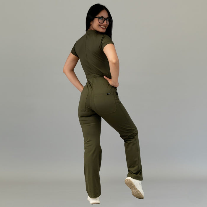 Full back view of women’s Olive Green Super Stretch scrub jumpsuit