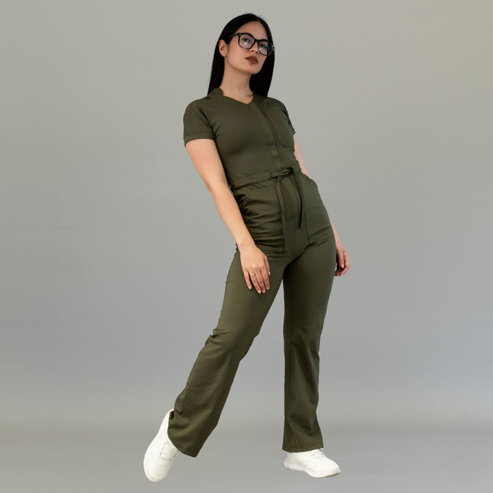 Angled front view of women’s Style 945 Olive Green scrub jumpsuit