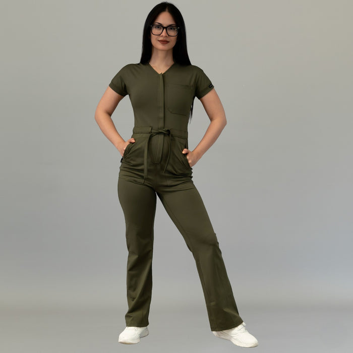 Full front view of women’s Style 945 Olive Green scrub jumpsuit