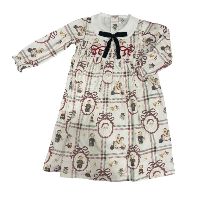 Xmas Festive Bears Girl Smocked Gown in Santa and teddy bear Christmas print with black velvet bow