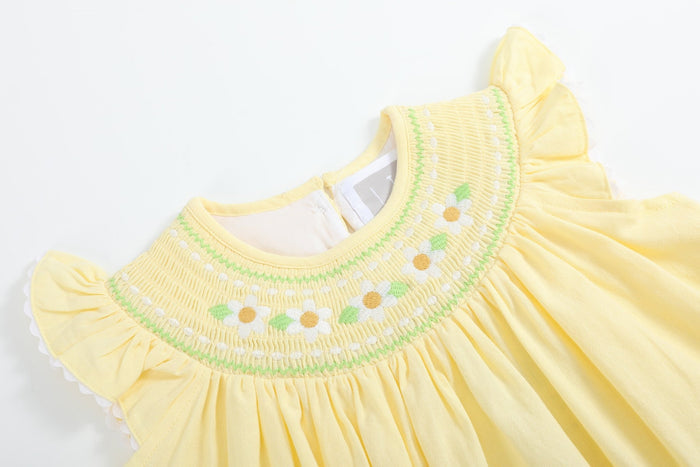 Yellow Daisy Pocketed Smocked Bishop Dress - Lil Cactus